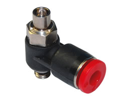 Pneufit C akış regülatörü (dışarı), örtülü banjo, dirsek, M5, 4mm