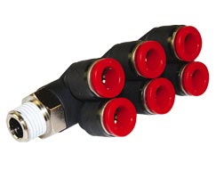 Pneufit C geçmeli bağlantı parçası, 3x branşman adaptörü, dirsek, R3/8, 4mm