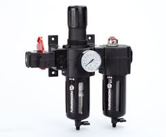 Excelon filtre/regülatör ve yağlayıcı kombinasyon ünitesi, G1/2, manuel tahliye, 40 µm filtre elemanı, kapatma valflı, göstergeli ve braketli