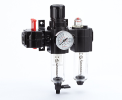 Excelon filtre/regülatör ve yağlayıcı kombinasyon ünitesi, G1/4, manuel tahliye, 40 µm filtre elemanı, kapatma valflı, göstergeli ve braketli