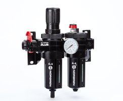 Olympian Plus filtre/regülatör ve yağlayıcı kombinasyon ünitesi, G1/2, otomatik tahliye, 40 µm filtre elemanı, kapatma valflı, göstergeli ve braketli