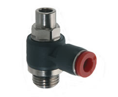 Pneufit C akış regülatörü (dışarı), örtülü banjo, dirsek, G1/8, 8mm