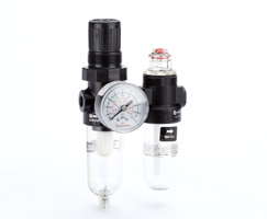 Minyatür filtre/regülatör ve yağlayıcı kombinasyon ünitesi, G1/8, manuel tahliye, 40 µm filtre elemanı, göstergeli, braketsiz