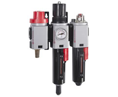 Excelon Plus filtre/regülatör ve yağlayıcı kombinasyon ünitesi, 1/4 PTF, otomatik tahliye, kapatma valfsı, gösterge ve braketlerle birlikte