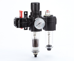 Excelon filtre/regülatör ve yağlayıcı kombinasyon ünitesi, G1/4, otomatik tahliye, 40 µm filtre elemanı, kapatma valflı, göstergeli ve braketli