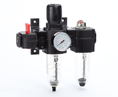 Excelon filtre/regülatör ve yağlayıcı kombinasyon ünitesi, G3/8, otomatik tahliye, 40 µm filtre elemanı, kapatma valflı, göstergeli ve braketli