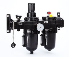 Olympian Plus filtre/regülatör ve yağlayıcı kombinasyon ünitesi, G1, manuel tahliye, 40 µm filtre elemanı, kapatma valflı, göstergeli ve braketli