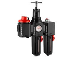 Aşırı uygulamalar için Excelon Plus filtre/regülatör ve yağlayıcı kombinasyon ünitesi, G1/2, manuel tahliye, kapatma valfsız, gösterge ve braketlerle birlikte
