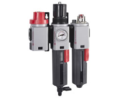 Excelon Plus filtre/regülatör ve yağlayıcı kombinasyon ünitesi, G3/8, manuel tahliye, kapatma valfsı, gösterge ve braketlerle birlikte